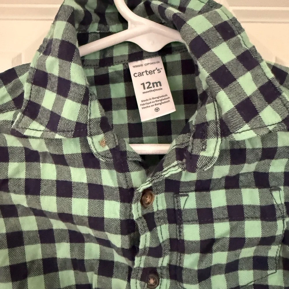 Carter's Baby Boy Green & Gray Plaid Long Sleeve Shirt: Size 12 months